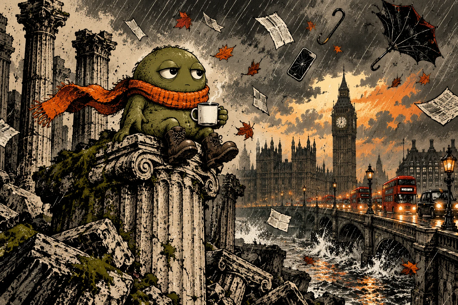 An unflappable olive BLOB mascot drinks tea amid rain, flying paperwork and urban chaos.