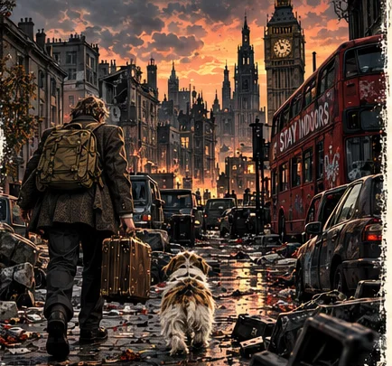 Bernard and Mr Pickles walking through the ruined streets of London