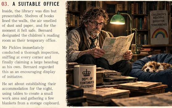 Bernard and Mr Pickles sheltering in a library