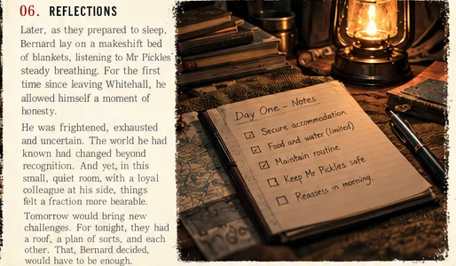 Reflections: Bernard and Mr Pickles during their first night away from Whitehall.