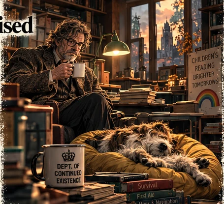 Bernard and Mr Pickles at dawn in the library