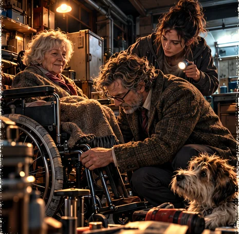 Bernard repairing a wheelchair as Eleanor and Mr Pickles look on