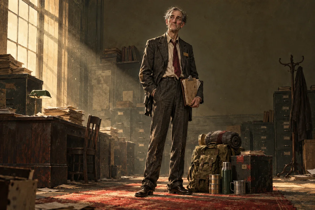 THE LAST CIVIL SERVANT: a weary, dishevelled fictional British official in a battered suit, holding a clipboard and wearing an old badge.