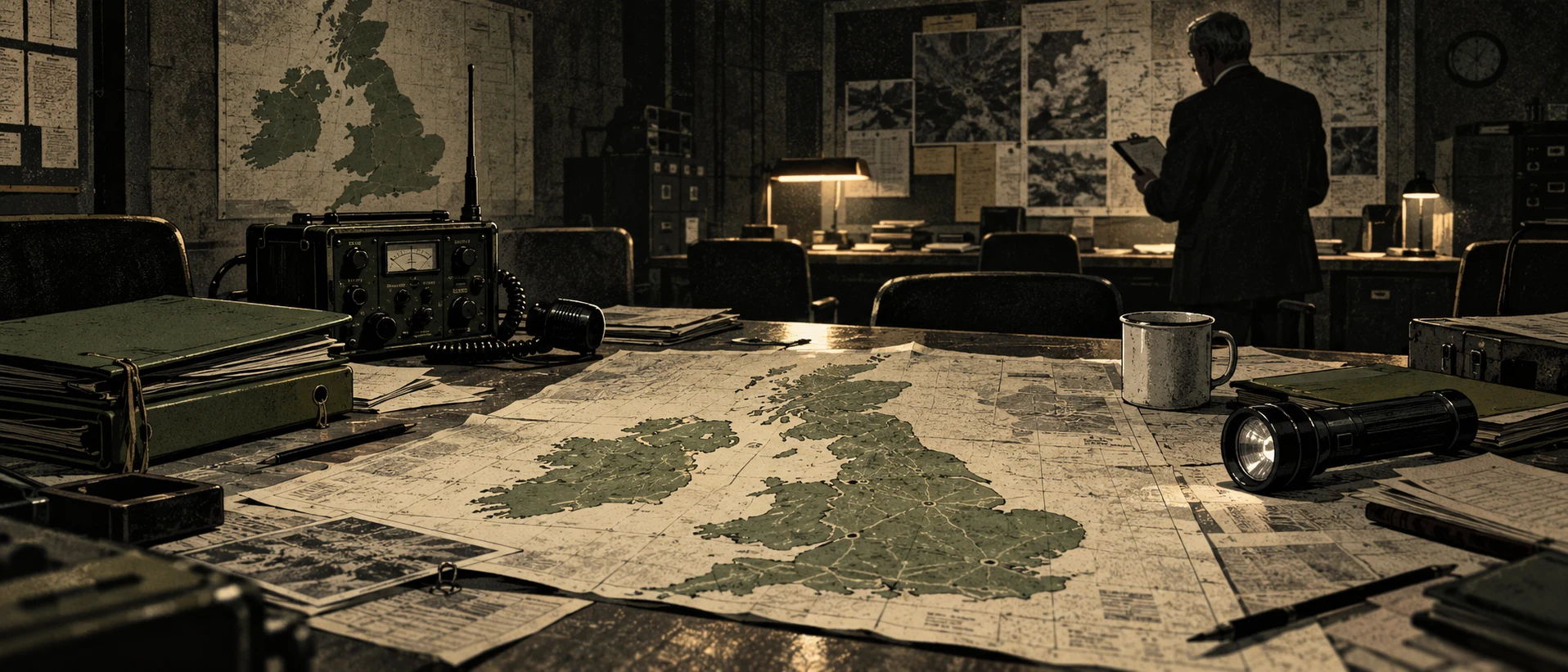 Illustrated fictional planning room with a UK map, analogue radio, torch and paperwork.